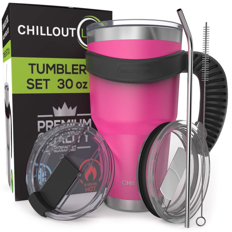 تشيل أوت لايف القدح سفر الفولاذ المقاوم للصدأ مع مقبض 30 أونصة - 6 قطع. البهلوان مع مقبض فرشاة تنظيف القش و 2 أغطية. حزمة كوب قهوة كبيرة معزولة الجدار - حزمة بودرة وردية اللون وردية اللون. - Image 1