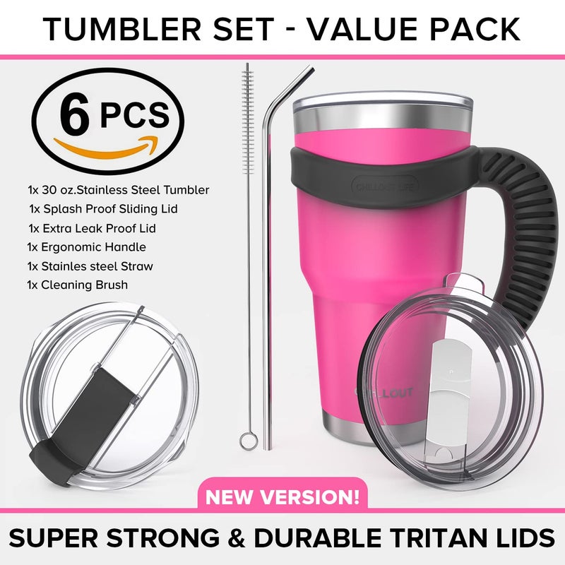 تشيل أوت لايف القدح سفر الفولاذ المقاوم للصدأ مع مقبض 30 أونصة - 6 قطع. البهلوان مع مقبض فرشاة تنظيف القش و 2 أغطية. حزمة كوب قهوة كبيرة معزولة الجدار - حزمة بودرة وردية اللون وردية اللون. - Image 2