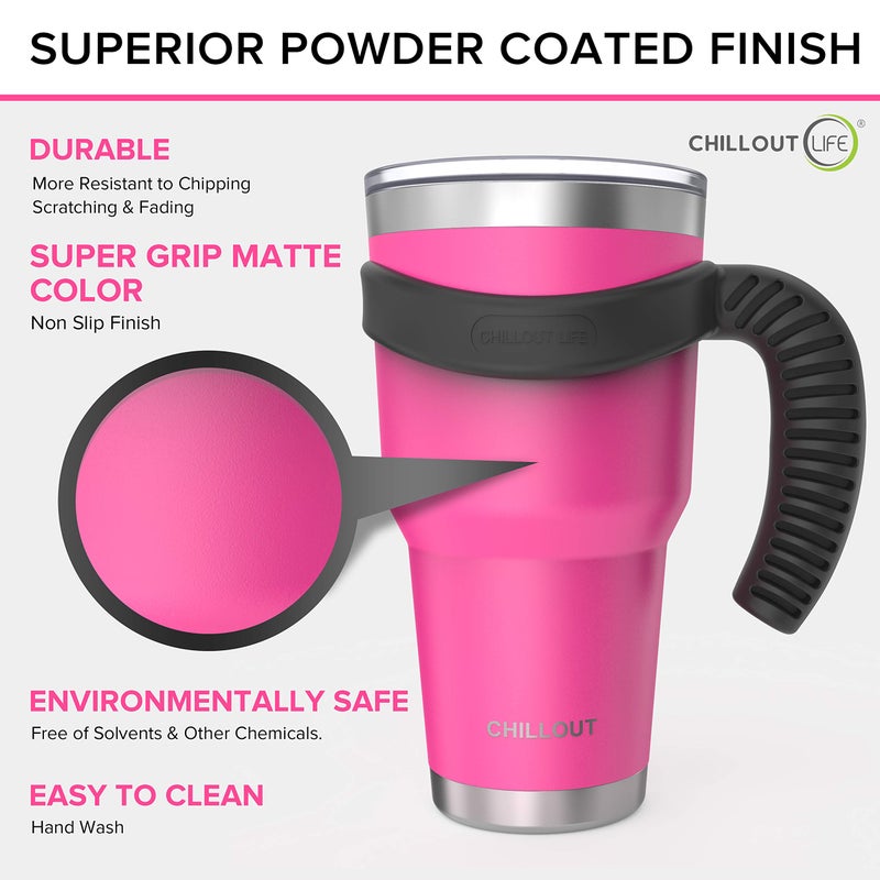 تشيل أوت لايف القدح سفر الفولاذ المقاوم للصدأ مع مقبض 30 أونصة - 6 قطع. البهلوان مع مقبض فرشاة تنظيف القش و 2 أغطية. حزمة كوب قهوة كبيرة معزولة الجدار - حزمة بودرة وردية اللون وردية اللون. - Image 3
