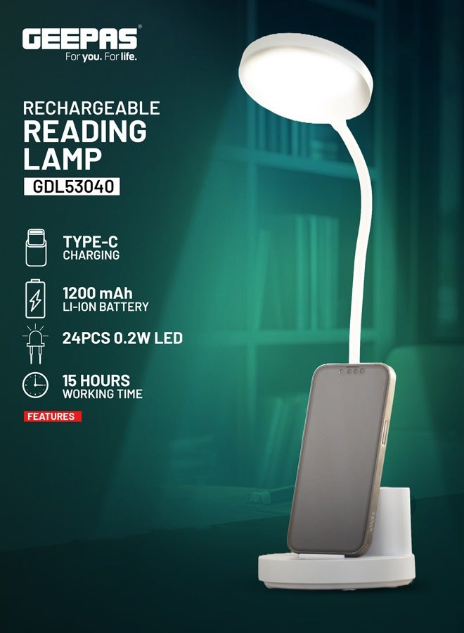 GEEPAS Rechargeable Reading Lamp , Table Light with Phone Holder, Lithium Battery/ Perfect for Studying, Working, Travelling, Used at Home and Office/ Light-Weight and Compact Design, White  - Image 1