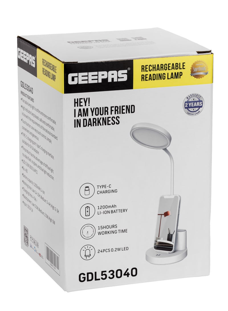 GEEPAS Rechargeable Reading Lamp , Table Light with Phone Holder, Lithium Battery/ Perfect for Studying, Working, Travelling, Used at Home and Office/ Light-Weight and Compact Design, White  - Image 4