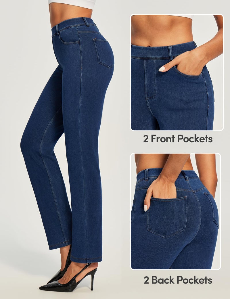 IUGA Straight Leg Jeans for Women Stretchy Pull On Sweatpant Jeans Women High Waisted Bootcut Jean Trendy Denim Pants Dark Blue - Image 2