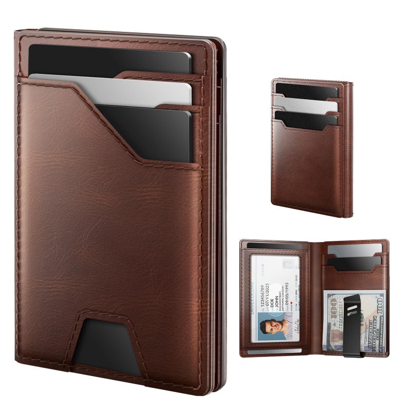 typecase Leather Wallet for Men Card Holder: Premium Genuine Leather, RFID Blocking, Slim, Minimalist, Front Pocket - 15 Cards Capacity | ID Window | Money Clip (Brown) - Image 1