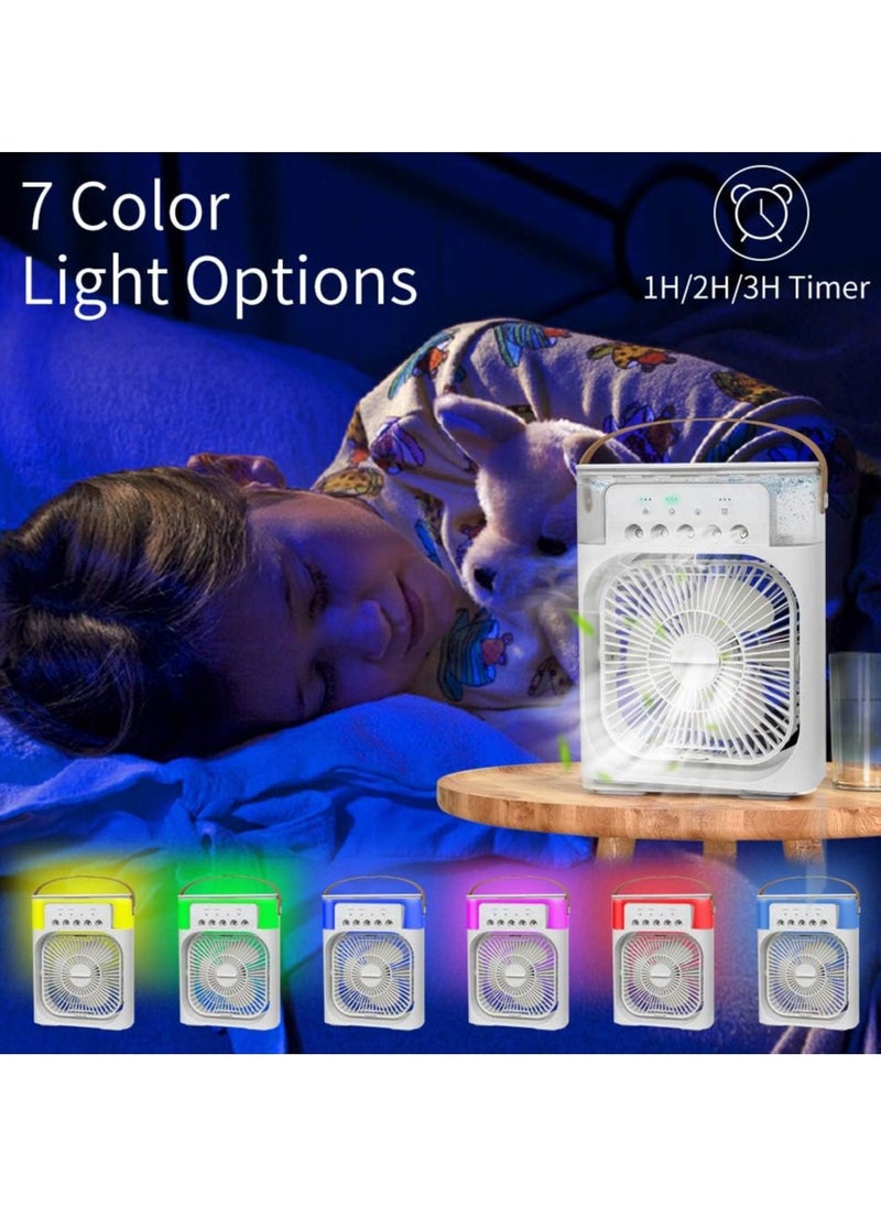 Evaporative Air Cooler Fan with 7 Color LED Light, 3 Speed ​​Timer for Office, Home, Dorm, Travel (White)