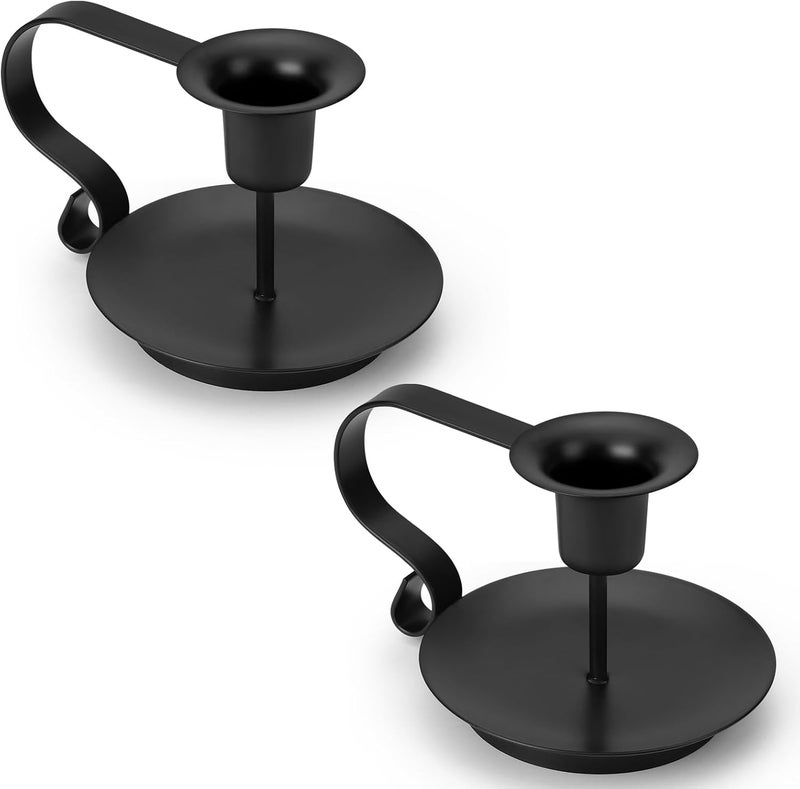 AinDen Black Metal Taper Candle Holders Set of 2, Vintage Chamberstick Candle Holder with Handle for Taper Candles, Farmhouse Rustic Candle Holders for Table Decor, Halloween Christmas Decoration - Image 1