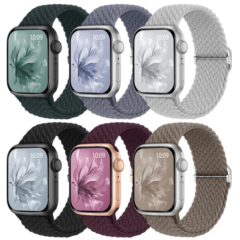 Knossen 6 Pack Braided Stretchy Bands Compatible with Apple Watch Band 38mm 40mm 41mm 42mm 44mm 45mm 46mm 49mm Women Men, Adjustable Nylon Solo Loop Elastic Straps for iWatch Series 11 10 9 8 7 6 5 4 SE Ultra - Image 1