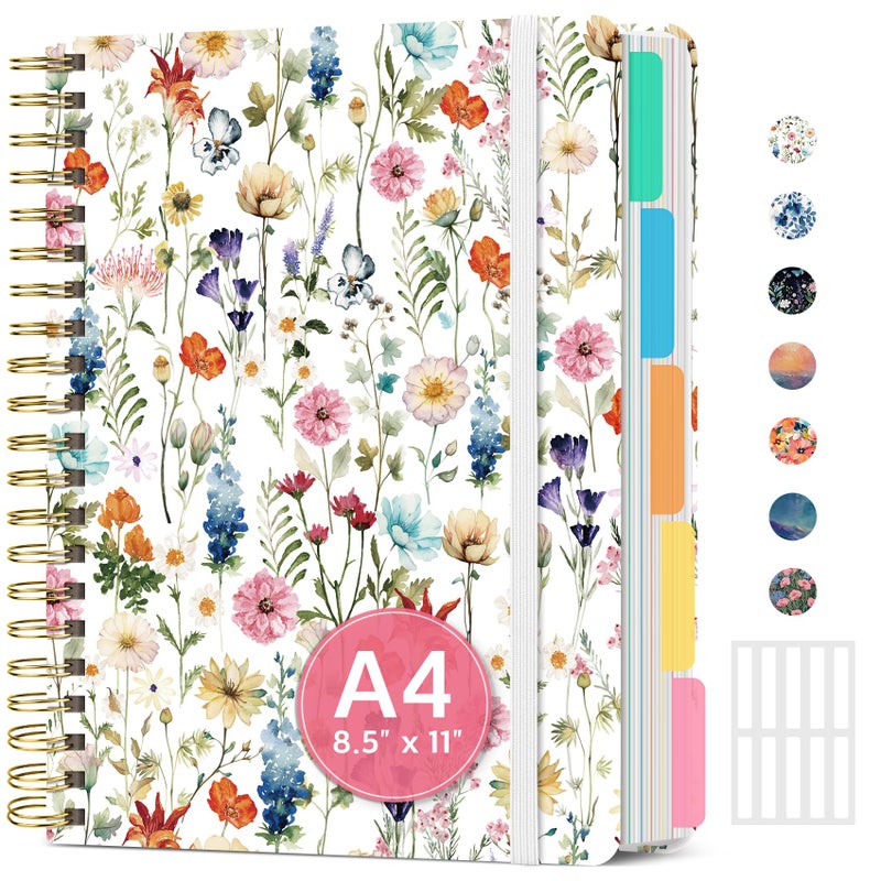 Taja Large Spiral Lined Notebooks for Work with Removable Dividers & Tabs, 8.5"x11" Pretty Hardcover 5 Subject Notebook Journal for Women, College Ruled, Perfect for Study & Office Organization, 280 Pages,Wildflowers - Image 1