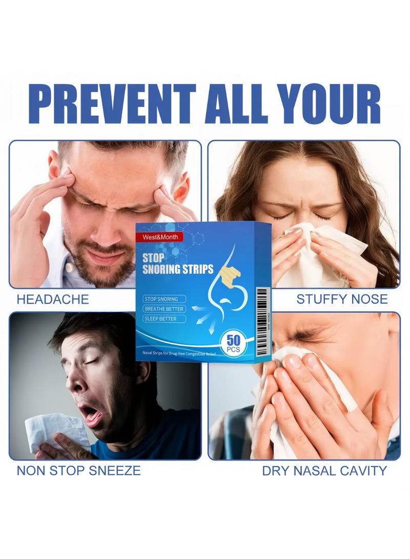 West&Month Nasal Strips for Snoring, Anti Snoring Strips, 50 Pcs Nose Strips for Breathing, Relieve Nasal Congestion, Improved Airflow, and Comfortable Fit Snore Strips, Extra Strength Anti Snoring Solution - Image 4