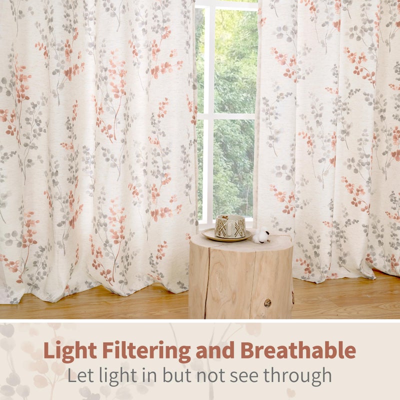 BGment Linen Patterned Curtains 95 Inch Length 2 Panels  Long Curtains for Living Room  Light Filtering Privacy Protection Window Drapes Print Floral Leaf  Each 52 Inch Wide  Terracotta - Image 5