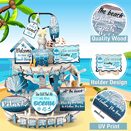 Maitys 21 Pcs Summer Beach Tiered Tray Decor Set Farmhouse Tray Decor Items Sea Turtle Shell Conch Wood Sign Rustic Beach Table Decoration for Home Kitchen Hawaii Party Holiday Outdoor Shelf - Image 4