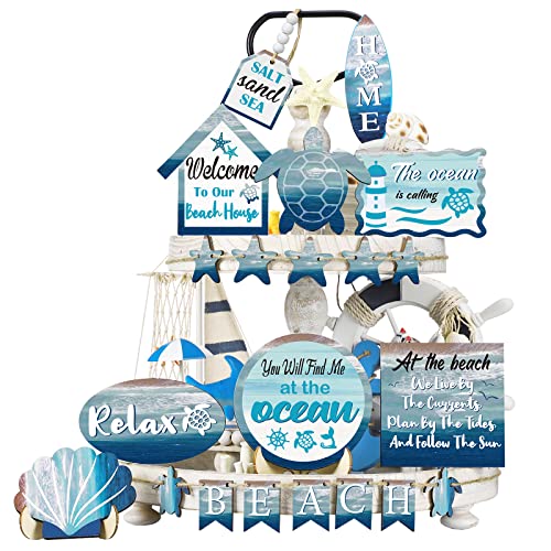 Maitys 21 Pcs Summer Beach Tiered Tray Decor Set Farmhouse Tray Decor Items Sea Turtle Shell Conch Wood Sign Rustic Beach Table Decoration for Home Kitchen Hawaii Party Holiday Outdoor Shelf - Image 1