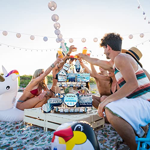 Maitys 21 Pcs Summer Beach Tiered Tray Decor Set Farmhouse Tray Decor Items Sea Turtle Shell Conch Wood Sign Rustic Beach Table Decoration for Home Kitchen Hawaii Party Holiday Outdoor Shelf - Image 5