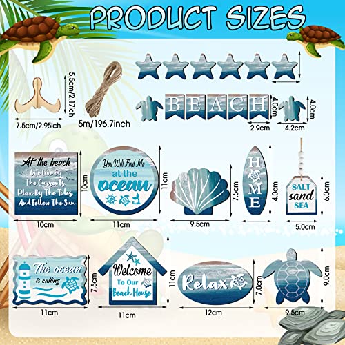 Maitys 21 Pcs Summer Beach Tiered Tray Decor Set Farmhouse Tray Decor Items Sea Turtle Shell Conch Wood Sign Rustic Beach Table Decoration for Home Kitchen Hawaii Party Holiday Outdoor Shelf - Image 3