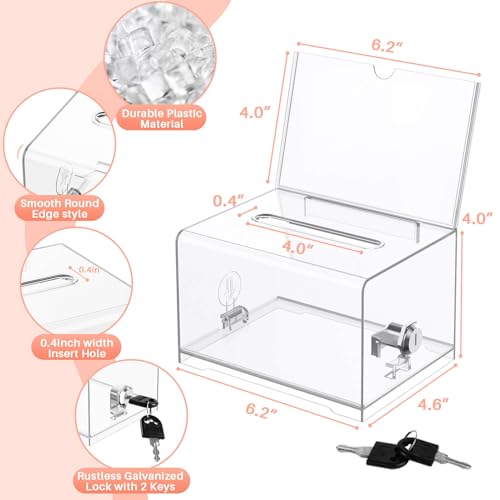 THUQ Clear Donation Box with Lock & Sign Holder, Versatile for Fundraising, Ballot Voting, Suggestions, and Tips Jar, Secure Storage Design, Size 6.2x4.6x4.0 Inch, Clear 1 Pack - Image 5