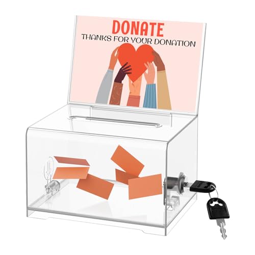 THUQ Clear Donation Box with Lock & Sign Holder, Versatile for Fundraising, Ballot Voting, Suggestions, and Tips Jar, Secure Storage Design, Size 6.2x4.6x4.0 Inch, Clear 1 Pack - Image 1