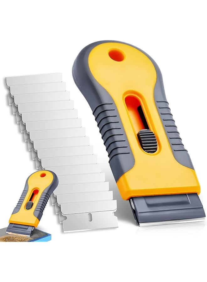 promass Razor Blade Scraper, Cleaning Razor Scraper for Glass with 15 pcs Extra Blades, Razor Blade Retractable for Removing Labels, Stickers, Decals, Glue Residue, Paint from Glass (Yellow) - Image 1