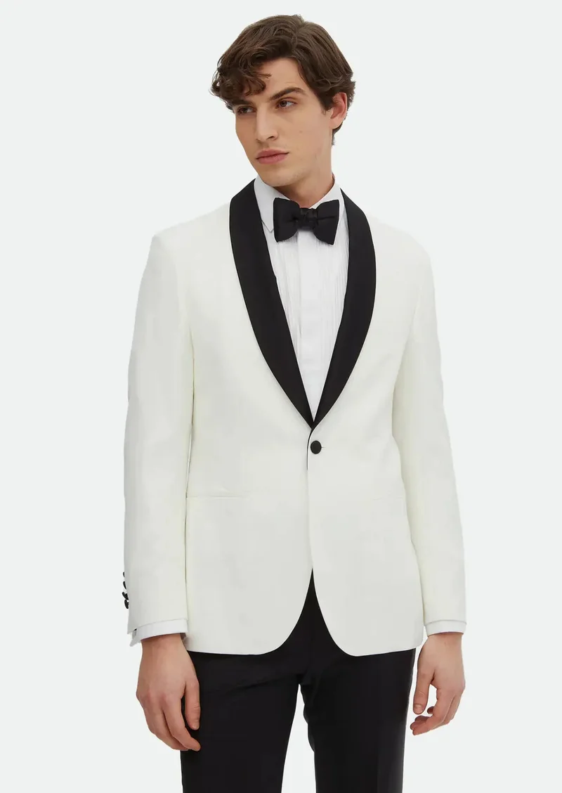 RAMSEY Ecru Plain Modern Fit Shawl Collar Weaving Tuxedo