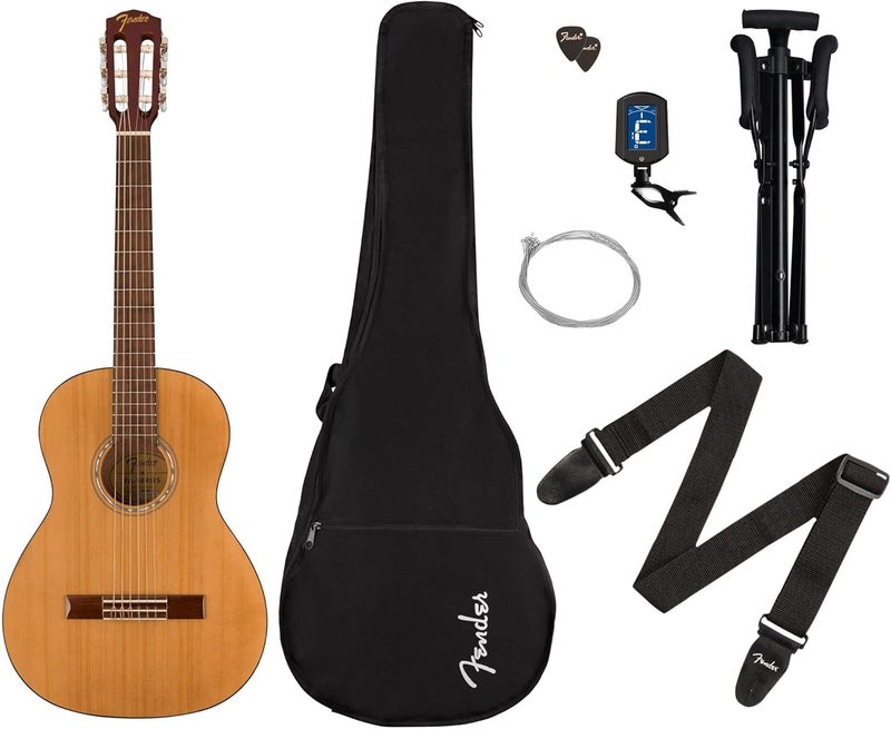 FENDER طقم جيتار فندر FA15N بحجم 34 خيوط نايلون للاستخدام الصوتي للمبتدئين مع حقيبة حمل وحامل وخيوط نايلون وم tuner وحزام وقرص DVD تعليمي من أوستن بازار - Image 2