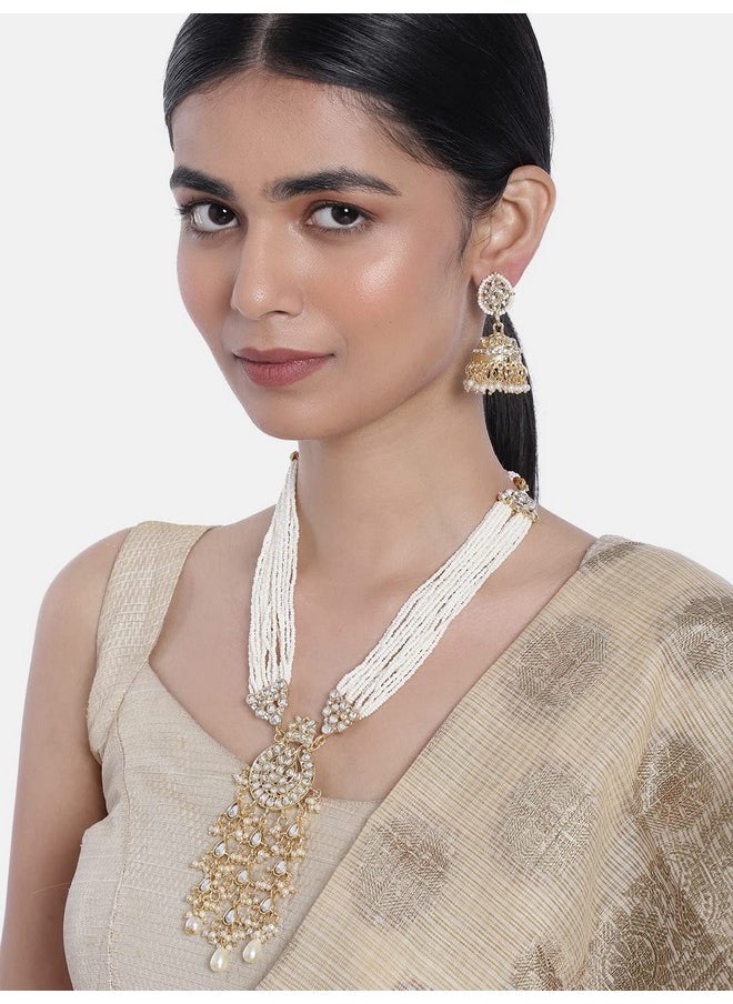 I Jewels I Jewels 18k Gold Plated Traditional Multistrand Pearl Kundan Studded Necklace Jewellery Set For Women (ML308W)  - Image 3