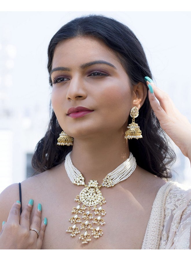I Jewels I Jewels 18k Gold Plated Traditional Multistrand Pearl Kundan Studded Necklace Jewellery Set For Women (ML308W)  - Image 2