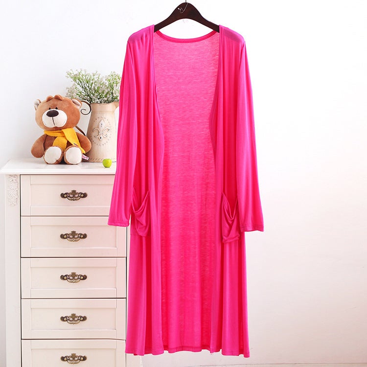 Spring and Summer Modal Long Pocket Cardigan Sun Protection Clothing Womens Casual Air-conditioning Shirt Long Thin Coat Outer Shawl Rose Red
