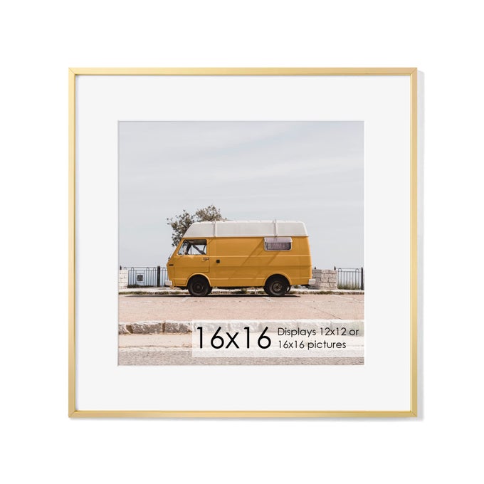 16X16 METAL PICTURE FRAME WITH 12X12 MAT BRUSHED ALUMINUM FINISH TEMPERED GLASS FRONT AND ATTACHED HANGING HARDWARE VERSATILE WALL DISPLAY FRAMES FOR VERTICAL OR HORIZONTAL ORIENTATIONGOLD PACK