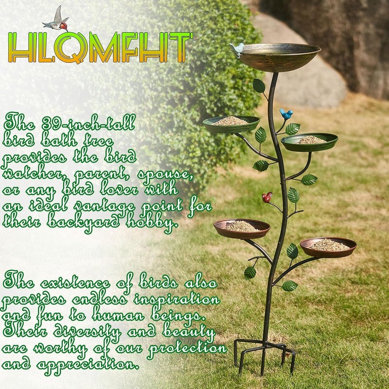 HLQMFHT حوض طيور HLQMFHT بارتفاع 44.5 بوصة للاستخدام الخارجي مع أوتاد معدنية، حوض طيور قائم مع 4 صواني تغذية طيور معدنية، لديكور الحديقة والفناء - Image 5