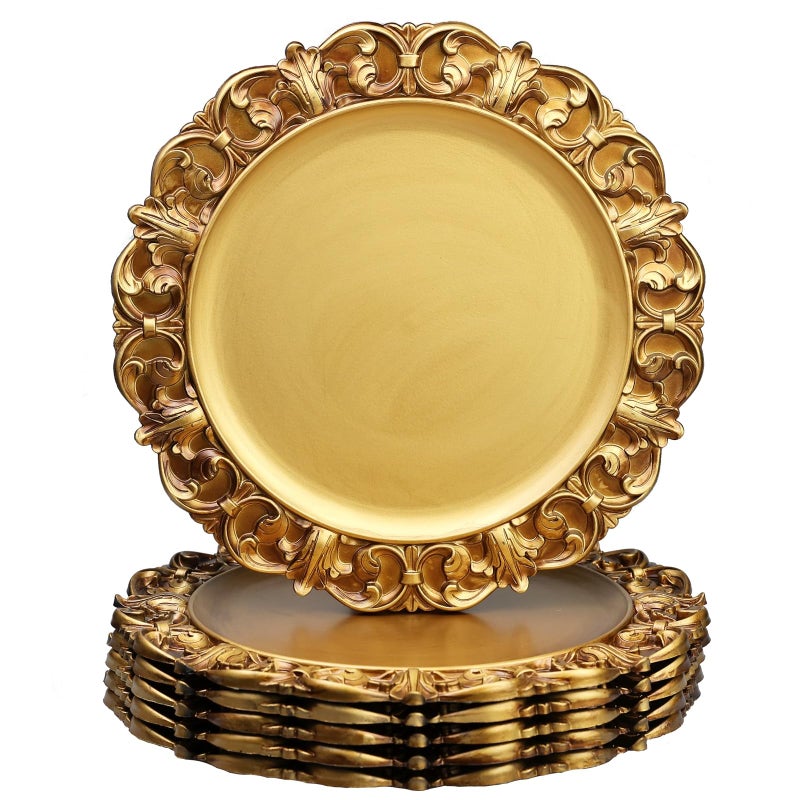 Leemxiiny 13 Antique Gold Charger Plates Set of 6 Plastic Textured Chargers for Dinner Plates with Embossed Rim Table Dcor Party Wedding Holiday