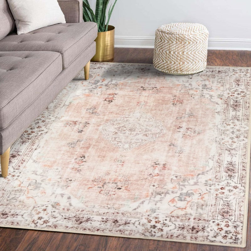 MUJOO 5'x7' Area Rugs Pink Machine Washable Boho Rug for Bedroom,Living Room, Laundry Room Kitchen Non Slip Carpet Abstract Soft Low-Pile Floral - Image 1