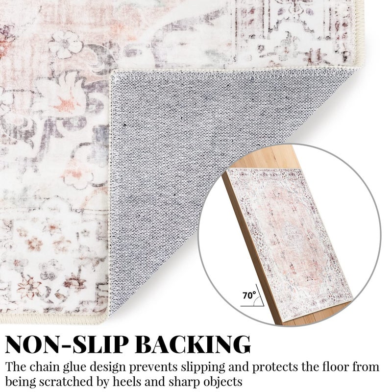 MUJOO 5'x7' Area Rugs Pink Machine Washable Boho Rug for Bedroom,Living Room, Laundry Room Kitchen Non Slip Carpet Abstract Soft Low-Pile Floral - Image 4