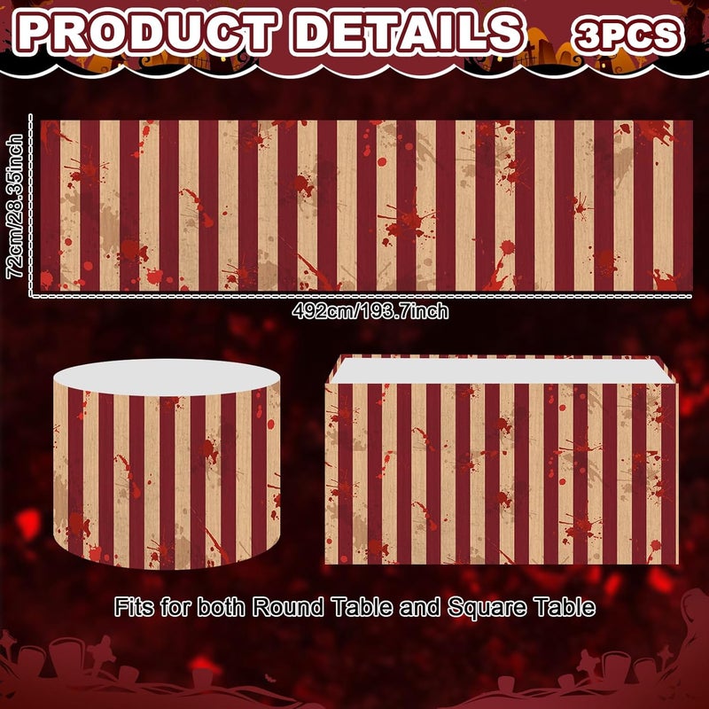 Oitnlaughter 3 PCS Bloody Halloween Party Striped Table Skirt Creepy Carnival Halloween Table Skirts Halloween Bloody Circus Creepy Theme Party Table Cover Skirt Horror Movie Dinner Nights Party Decorations - Image 2
