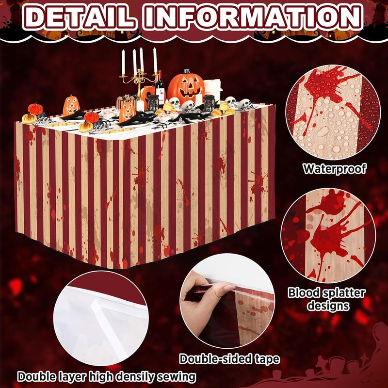 Oitnlaughter 3 PCS Bloody Halloween Party Striped Table Skirt Creepy Carnival Halloween Table Skirts Halloween Bloody Circus Creepy Theme Party Table Cover Skirt Horror Movie Dinner Nights Party Decorations - Image 3