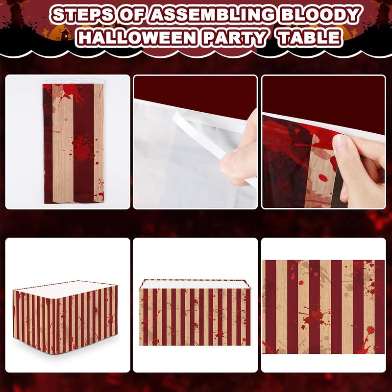 Oitnlaughter 3 PCS Bloody Halloween Party Striped Table Skirt Creepy Carnival Halloween Table Skirts Halloween Bloody Circus Creepy Theme Party Table Cover Skirt Horror Movie Dinner Nights Party Decorations - Image 4