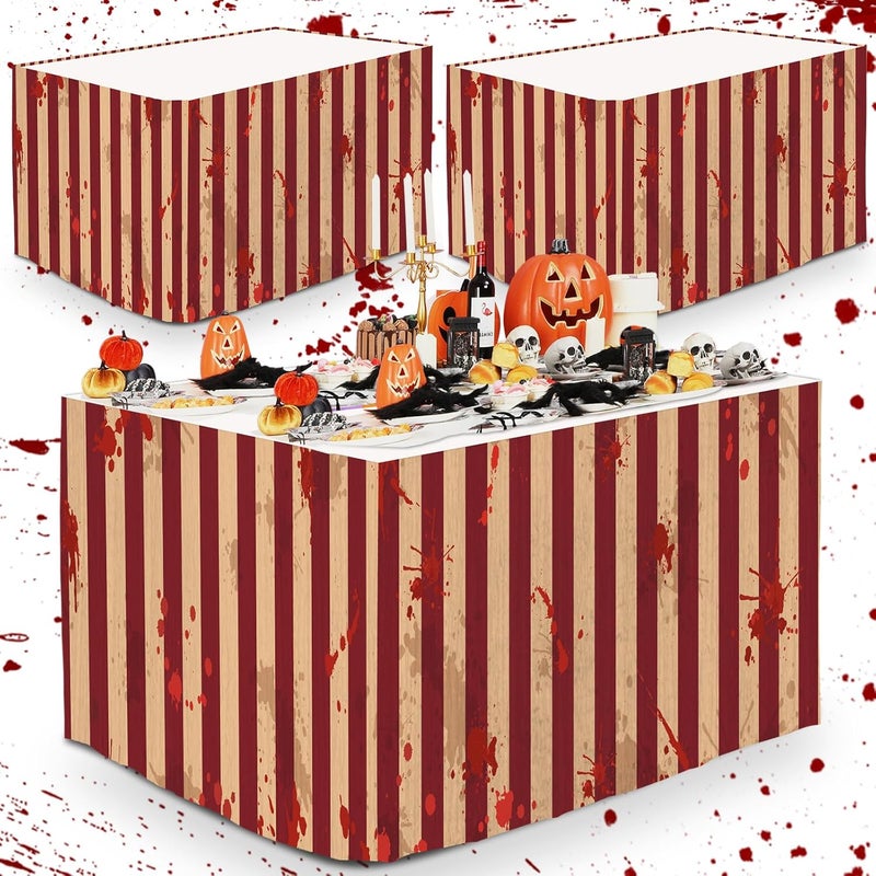 Oitnlaughter 3 PCS Bloody Halloween Party Striped Table Skirt Creepy Carnival Halloween Table Skirts Halloween Bloody Circus Creepy Theme Party Table Cover Skirt Horror Movie Dinner Nights Party Decorations - Image 1