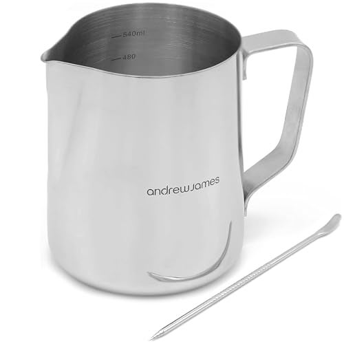 Andrew James 350600ml Stainless Steel Milk Jug for Frothing Milk  Barista Style Metal Jug for Coffee Machine  Steady Pour Lip and Measuring Scale  Included Milk Art Pen 600ml