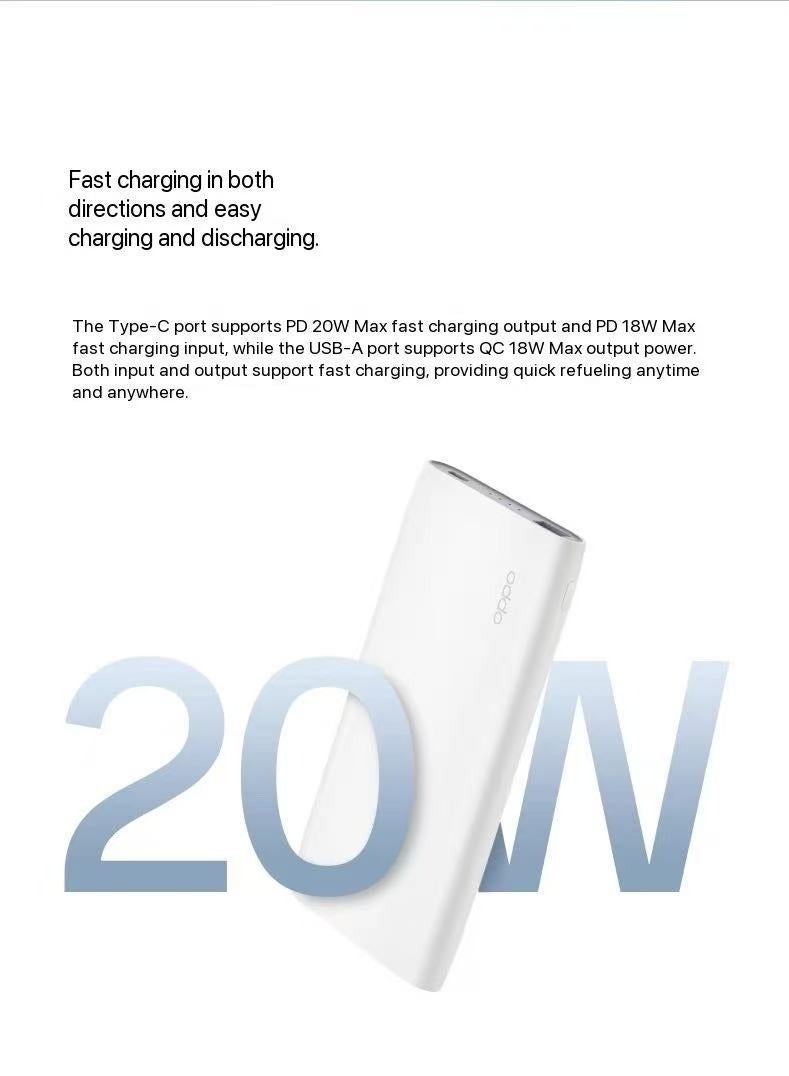 أوبو بنك طاقة OPPO 20W للشحن السريع ثنائي الاتجاه 10000mAh (موديل PBT05) - نحيف، محمول، متوافق مع عدة أجهزة مع حماية أمان - Image 3