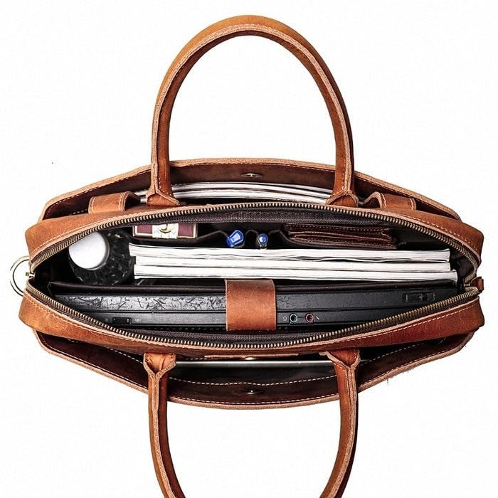 MaheTri Everyday Briefcase – Slim Full-Grain Buffalo Leather Office Bag with Laptop Compartment | Detachable Shoulder Strap & Brass Hardware | Corporate Official Side Messenger Bag - Image 4