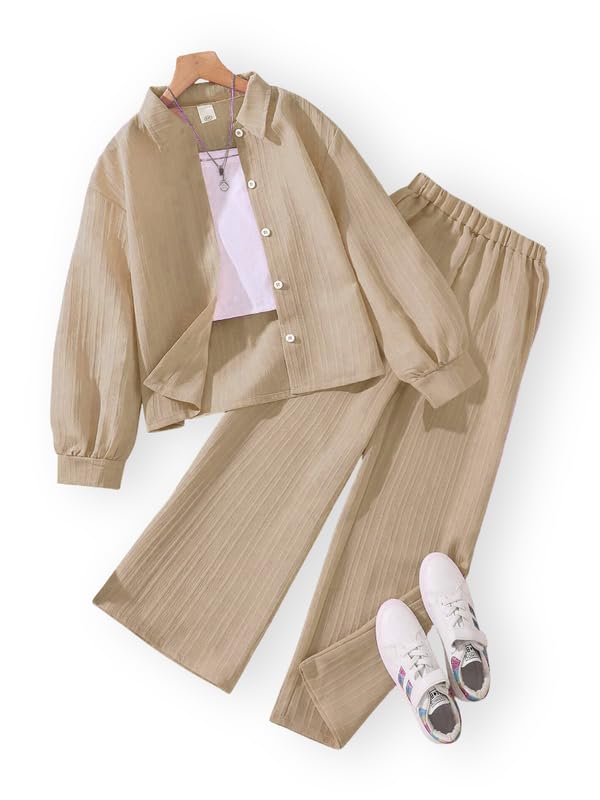 Niren Enterprise Girls' 2-Piece Co-Ord Beige Shirt & Pants, Soft Fabric, Casual Wear, Relaxed Fit for Kids Set - Image 1