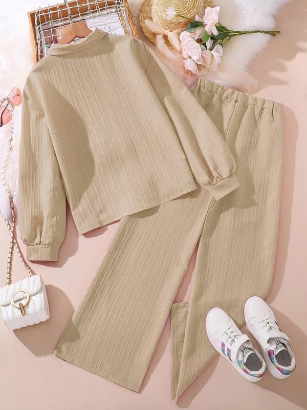 Niren Enterprise Girls' 2-Piece Co-Ord Beige Shirt & Pants, Soft Fabric, Casual Wear, Relaxed Fit for Kids Set - Image 2