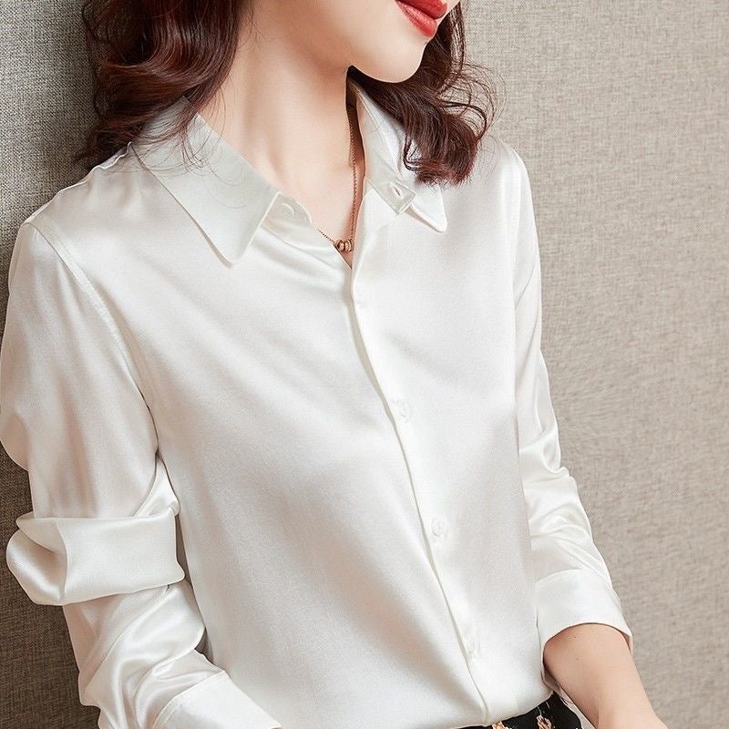 Silk White Women'S Shirt Fashionable Elegant Shirt 2025 Long-Sleeved Satin Top - Image 4