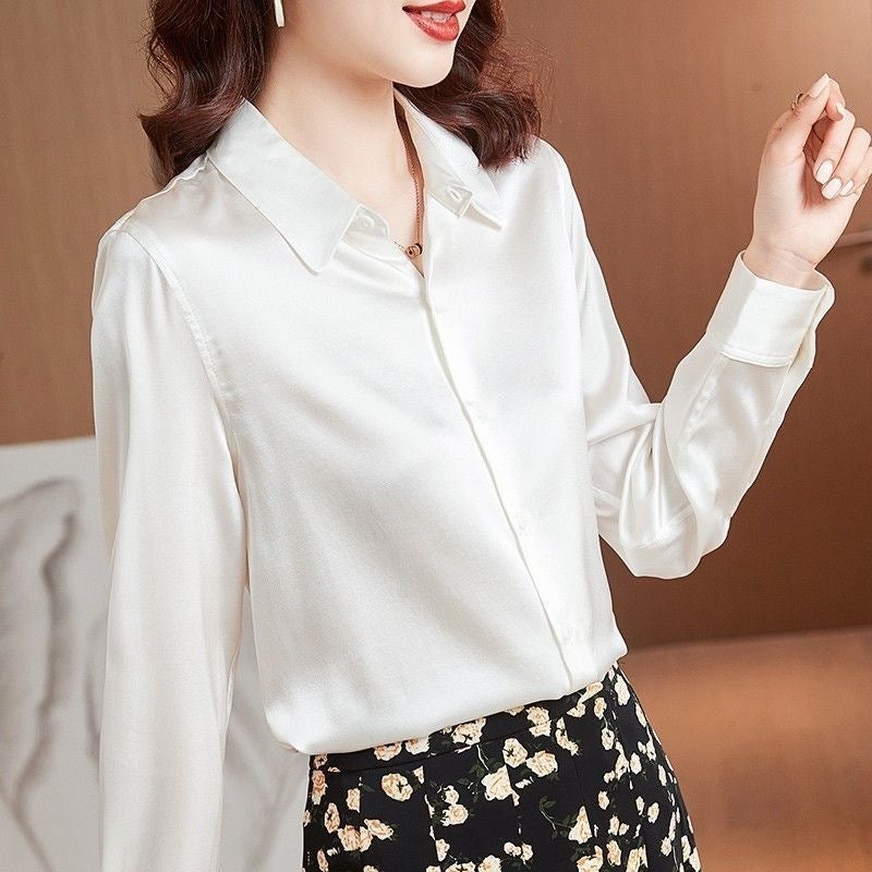 Silk White Women'S Shirt Fashionable Elegant Shirt 2025 Long-Sleeved Satin Top - Image 5