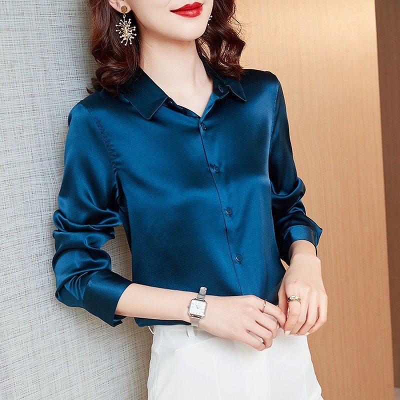 Silk White Women'S Shirt Fashionable Elegant Shirt 2025 Long-Sleeved Satin Top - Image 3