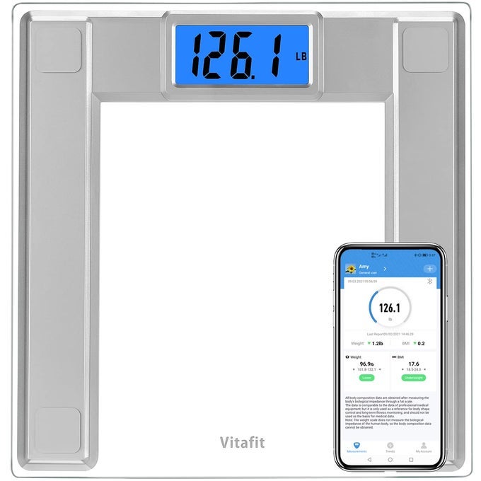 550LB DIGITAL BATHROOM SCALE FOR BODY WEIGHT AND BMI VIA SMART APP HIGH ACCURACY ASSURED BY WEIGHING PROFESSIONAL SINCE 2001 8MM TEMPERED GLASS EXTRA LARGE BLUE BACKLIT LCD SILVER