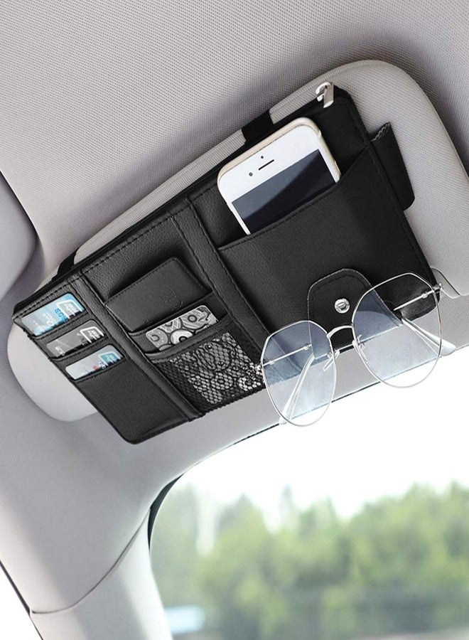 Pormasbenzer Leather Car Sun Visor Organizer with Net & Zipper, Ultra Light, Ultra Thin Design, Auto Interior Accessories Storage Pocket Pouch Car Truck Sun Visor Case Bag - Image 1
