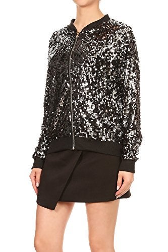 Anna-Kaci Womens Sequin Jacket Bomber Coat 1989 Slitter Outfit For Concert Party, Black+Silver, Small - Image 3