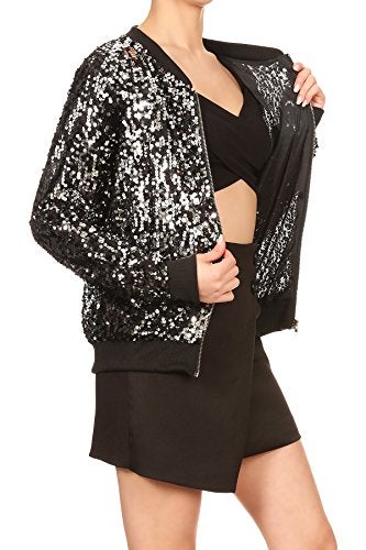 Anna-Kaci Womens Sequin Jacket Bomber Coat 1989 Slitter Outfit For Concert Party, Black+Silver, Small - Image 4