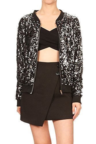 Anna-Kaci Womens Sequin Jacket Bomber Coat 1989 Slitter Outfit For Concert Party, Black+Silver, Small - Image 1