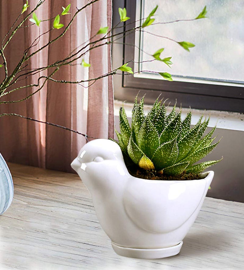 GeLive White Bird Ceramic Succulent Planter Animal Plant Pot Flower Vase Bonsai Windowsill Box with Drainage Saucer Adorable Indoor Home Decoration - Image 2