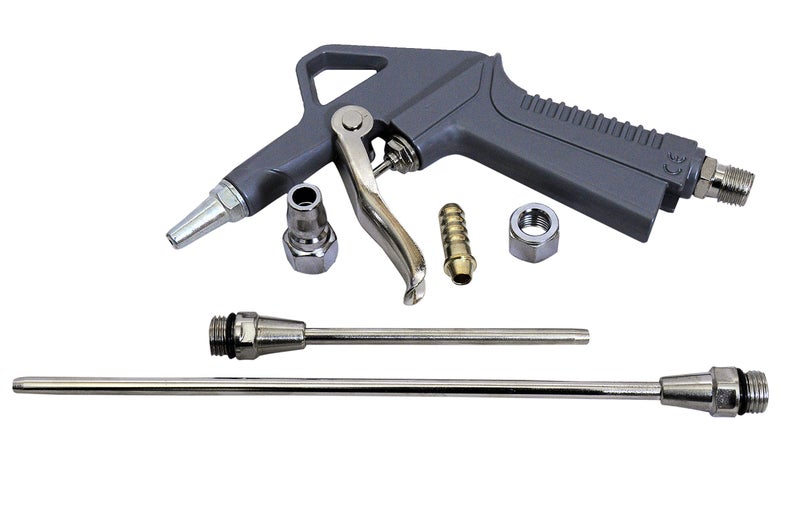 Jon Bhandari Tools Metal Air Dust Blow Gun Set – 5-Piece Kit with 2 Nozzles (Long & Short), Connector & Thumb Trigger – High Pressure Air Blower for Dust, Debris & Moisture – Grey & Silver - Image 1