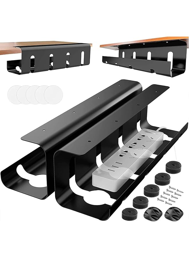PROMASS 2 Pack Under Desk Cable Management Tray,No Drilling Wire Management Organizer,Steel Under Desk Storage Tray for Cord Organizer, Cord Organizer for Home/Office Computer Desk Cable Hider - Image 1